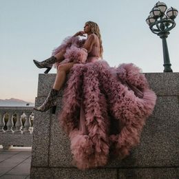 Dusty Pink Tulle tiered tulle prom dress with Front Split Ruffles, Sleeves, Tiered Long Sleeve, See Thu Outfit for Summer Party and Photo Shoot - Chic Evening Gown with Tululle Sash