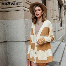 BeAvant Vintage striped knitted cardigan women Autumn winter long sweater female Casual pockets loose lady yellow cardigans 210709