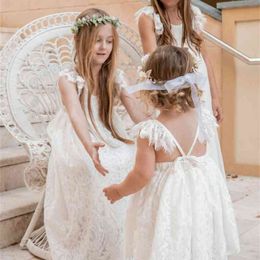Summer Girls Lace Dress for Kids Flare Sleeve Cross Back Beach Sundress Knee Length Vestido Wedding Party 210529