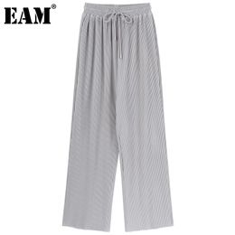 [EAM] High Elastic Waist Gray Pleated Long Wide Leg Trousers Loose Fit Pants Women Fashion Spring Summer 1DD8752 210512