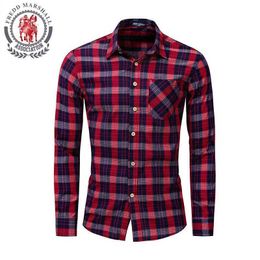 Fredd Marshall Fashion Red Plaid Shirt Men Casual Long Sleeve Slim Fit Shirts With Pocket 100% Cotton EUR Big Size 198 210527