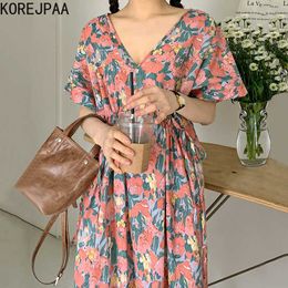 Korejpaa Women Dress Summer Korean Chic Retro Elegant Print Deep V-neck Drawstring Strap Flower Short Sleeve Long Dresses 210526