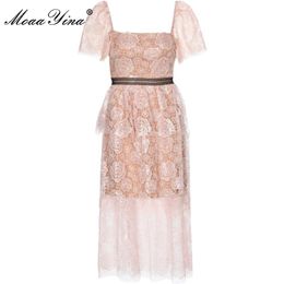 Fashion Designer Summer Lace Dress Women's Square collar Ruffle Beading Bohemian Elegant Party Midi 210524