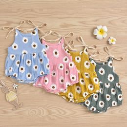 4 Colors INS Baby Kids Boys Girls Jumpsuits Rompers Sunflower Sleeveless Straps Organic Cotton Summer Newborn Climb Cloths Bodysuits