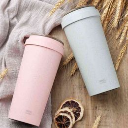 High Quality Pastoral Wheat Fibre Hand Milk Cups Cola Coffee Cup Student Sport With Cover Accessible Thermo Lid Drinking Water 210409