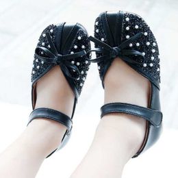 Girl Soft Soled Rhinestone Fashion Leather Shoes Pumps Birthday Christmas Party Autumn Spring Bowknot Non-slip Single Shoes X0703