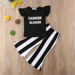 Baby Kids Girls Clothes Summer Girls T-shirt Trousers 2 Piece Sets Kids Designer Clothes Ruffle Letter T-shirt Striped Trousers 387 U2
