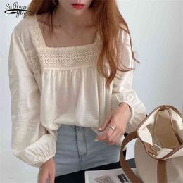 Early Autumn Korean Loose Women Tops French Sexy Square Collar Puff Sleeve Fairy Lace Upper Garment Shirt Blusa 10319 210521