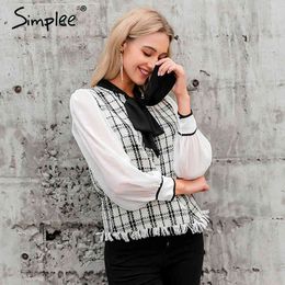 Elegant plaid tweed women blouse Spring summer neck tie blouses shirt Vintage work wear OL loose female tops 210414