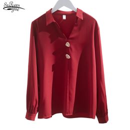 Spring V-neck Chiffon Shirt Women Plus Size Lantern Sleeve Pullover Blouse Long Red Tops Blusas Mujer 8921 50 210508