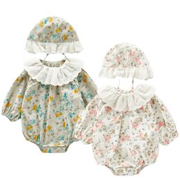 Autunno nato in pizzo floreale Twins Baby Body Toddler Girls Hat Pure Cotton Infant Girl Birthday Party Clothes 210417