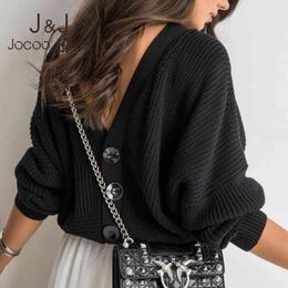 Jocoo Jolee Women Casual Long Sleeve Backless Knitted Sweater Harajuku Loose Pullovers Sexy Open Back Button Knitting Tops 210518
