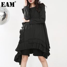 [EAM] Spring Summer Round Neck Long Sleeve Ruffles Split Joint Irregular Hem Loose Dress Women Fashion JI04501 210512