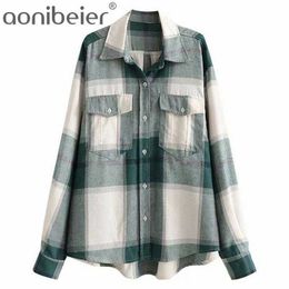 Women Fashion Oversized Cheque Asymmetric Blouses Vintage Long Sleeve Pockets Side Vents Female Shirts Chic Tops 210604