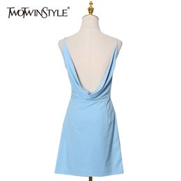 Blue Sexy Mini Dress For Women Square Collar Sleeveless Backless High Waist Dresses Females Summer Fashion 210520