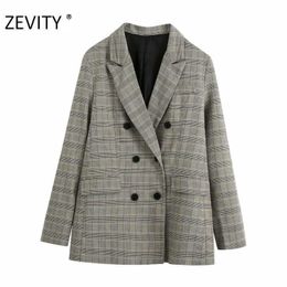 Zevity women chic plaid printing leisure blazer coat ladies long sleeve double breasted casual slim outwear suits tops CT585 210603