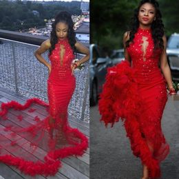 2021 Red Feather Mermaid Prom Dresses Crystal Beaded Lace Appliqued Sexy Sleeveless Long Pageant Dress Africa Black Girls Celebrity Evening Gowns