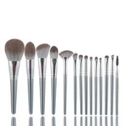newest 14pcs professional super soft hair makeup brush silver gray cosmetics brush set