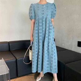 Temperament Korea Embroidery Hollow Out Cotton Dress Summer Vintage Puff Sleeve Round Collar Casual Elegant Long 210519