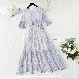 Summer Dress Women Ruffle Short-sleeve Chiffon Dress V-neck High Waist Floral Print Beach Long Dresses Elegant Vestidos 210521