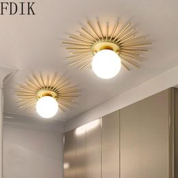Nordic Gold Metal Ceiling Lights Modern Sun Shape Glass Lamp For Bedroom Corridor Indoor Vintage Decor Lighting Fixture Pendant Lamps