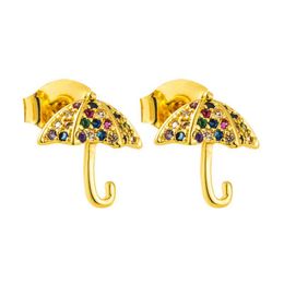 Exquisite Rainbow Colour Cubic Zirconia Copper Stud Earrings Sweet Cute Umbrella Shape Statement Creative Gift For Girls