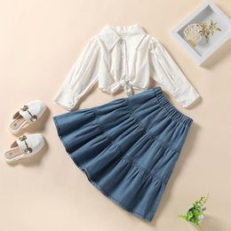 Clothing Sets Fashion Kid Girl\u2021s Outfits Two Piece Clothes Solid Color Long Sleeve Shirt And Denim Mid-length Skirt Children's