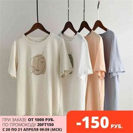 Summer T-shirts Woman Short Sleeve Tops Tee Korean Girls Abstract Printing Chic Art Design 210421
