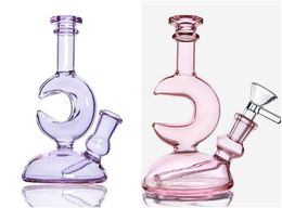 Vintage Unique Pink Purple Moon Glass Bong Water 6inch HOOKAH Pipes Dab Rig with perc Smoking Oil Burner With Bowl can put customer logo