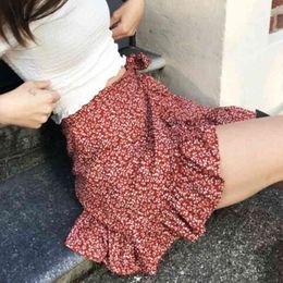Vintage skirt women Women's High Waist Lace-up Skirt female beach Ruffles Irregular Printed Zip mini Skirt Asymmetrical 210514