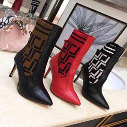 Collet knit stitching women's high heels short boots leather material European and American style size 35-41