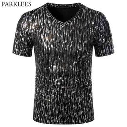 Men's Glitter Line Bronzing T Shirts Summer Short Sleeve V Neck T Shirt Men Hip Hop Party Prom Stage Clothing for Men 2XL 210409