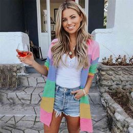 knitted rainbow sweater cardigans women vintage stipe long autumn winter causal hollow out pink cardigan 210427