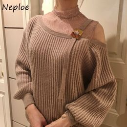 Neploe Sexy Lace Shoulder Strapless All-match Sweaters Spring Autumn Loose Knit Women Pullovers Japan Style Pull Femme 210423