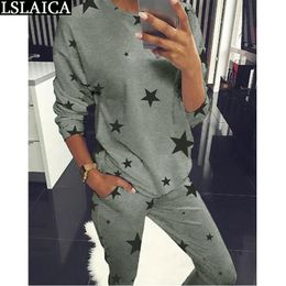 Casual women sets long sleeve tops&long pants pentagram print slim two piece outfits fashion sport 2 set 210520