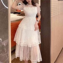 White Mesh Embroidery Ball Gown Dress Woman Summer Short Sleeve Round Neck Vestido Casual Party Female 210603