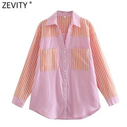 Women Vintage Striped Patchwork Print Breasted Shirt Femme Colour Match Casual Loose Blouse Chic Summer Pocket Tops LS9150 210416