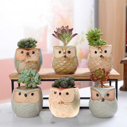 6pcs Ceramic Owl Flower Pots Planters Flowing Glaze Base Serial Set Ceramic Planter Desk Flower Pot Cute Design Succulent Plante 210615