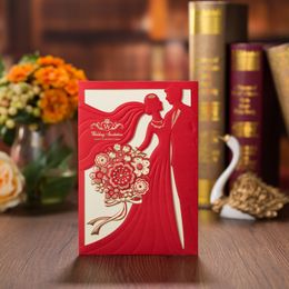 (20 pieces/lot) Laser Cut Red Wedding Invitations Card Bride And Groom Greeting Cards With Envelope Party Supply CX068