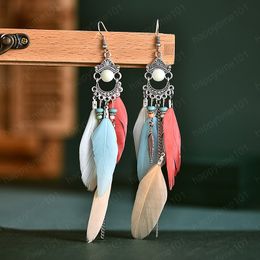 Retro Ethnic Tassel Long Feather Earring Female Bohemian Summer Beads Wedding Dangle Earrings For Women Boho Fashion Jewellery Oorbellen