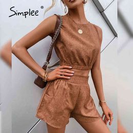 Casual Brown Women's Two-piece High Street Solid Sleeveless Short Top Shorts Sets Summer Office Ladies Suits 210414