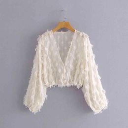 Women Fashion White V-Neck Crop Top Feather Decoration ZA Short Blouse Long Sleeve Summer Casual Shirt Female Chic Tops 210521