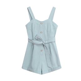 PERHAPS U Solid Light Blue Pocket Sleeveless Tank V Neck Playsuits Romper Short Summer J0122 210529