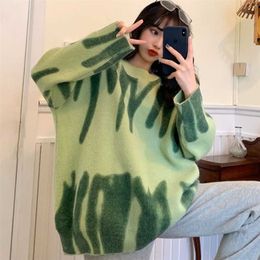 Oversized Sweater Green Pullover Women Knitted Loose Tops Winter O-Neck Harajuku Sueter Mujer pull Tie Dye Outerwear 211011