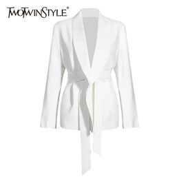 White Casual Blazer For Women Notched Long Sleeve Tunic Sashes Korean Jacket Female Autumn Fashion 210524
