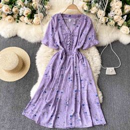 SINGREINY Vintage Floral Drawstring Dress Women Sexy V Neck Short Sleeve A Line Dress Korean Summer Vacation Slim Print Dress 210419