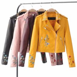 Autumn Women Yellow Slim Cool Lady PU Leather Jackets Sweet Female Zipper Faux Embroidery Femme Outwear Coat 211014