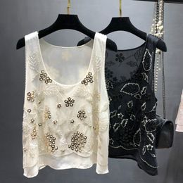 Women's Blouses & Shirts Women Floral Beaded Loose Vest Sleeveless Shirt Summer V-Neck Flowers Embroidered Sequined Chiffon Shiny Gauze Tank