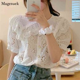 Vintage Chic Hollow Out Lace Embroidery Blouse Women Fashion Button White Women's Shirts Elegant Short Sleeve Ladies Tops 13609 210512