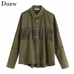 Fashion Tassel Denim Jacket Coat Women Fringe Beaded Patchwork Loose Long Sleeve Streetwear Female Outerwear Tops 210515